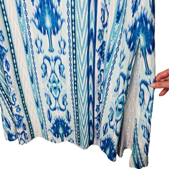 Chico’s Maxi Skirt Size 12/14 Abstract Boho Festival Stretch Blue Hippie Slits - Picture 4 of 8